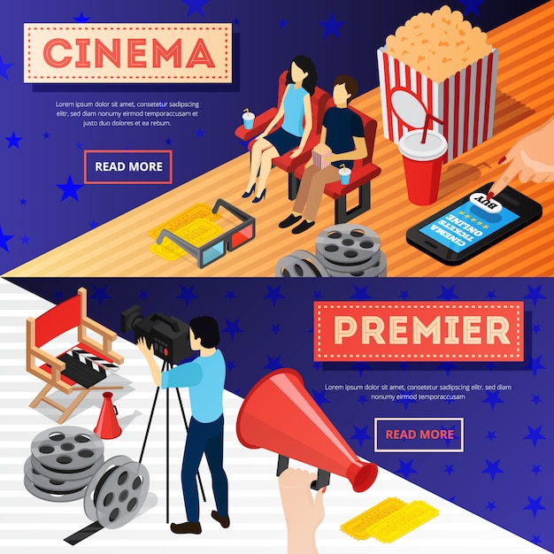 Free vector cinema 3d isometric banners with conceptual images of popcorn film reel online tickets and camera operator