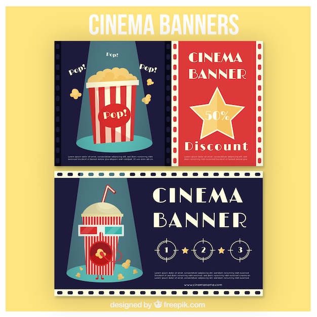 Free vector cinema banners with popcorn and drink