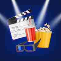 Free vector cinema clapper, popcorn, 3d glasses and drink