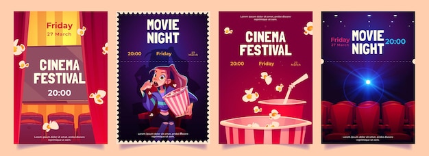 Cinema festival, movie night cartoon flyers set.