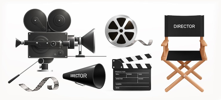 Free Vector cinema film production realistic set of isolated images with clapper reel and camera with directors chair vector illustration