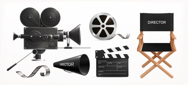 Cinema film production realistic set of isolated images with clapper reel and camera with directors chair vector illustration