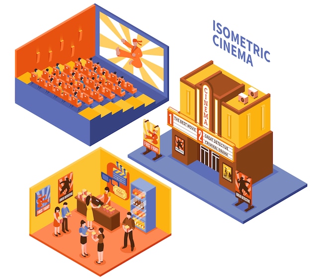 Free vector cinema isometric compositions set