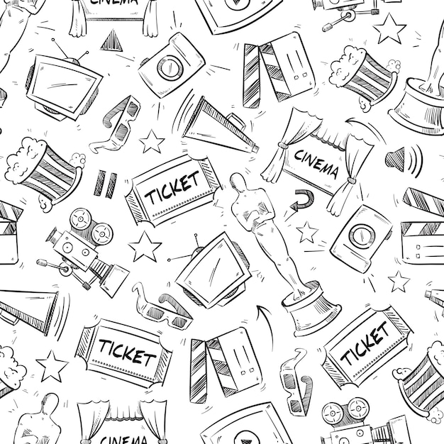 Free vector cinema, movie doodle  seamless pattern. clapboard and camera, video and cinematography pattern