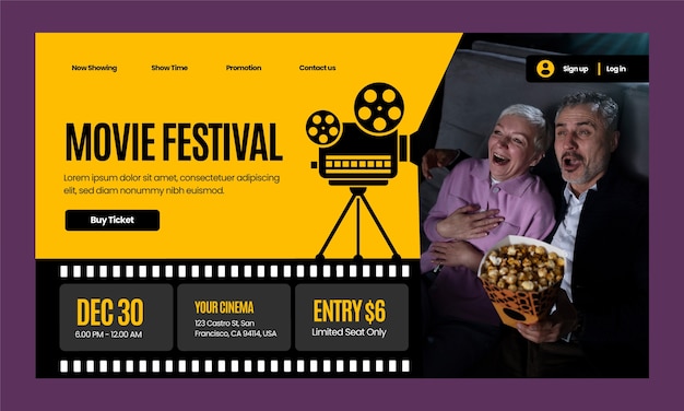 Free vector cinema and movie festival landing page template