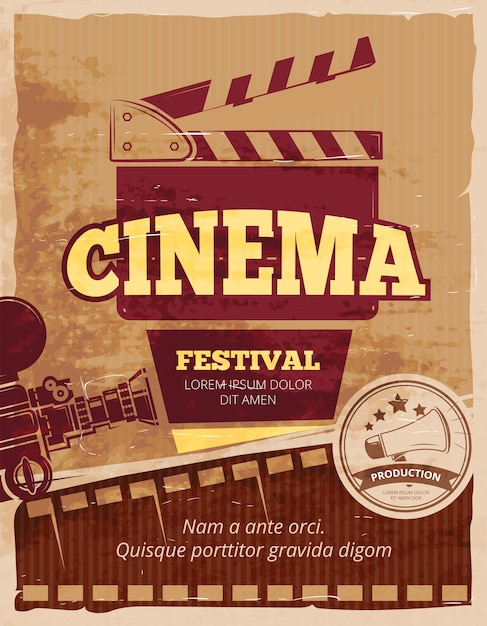 Vettore gratuito cinema, poster vintage del festival cinematografico.