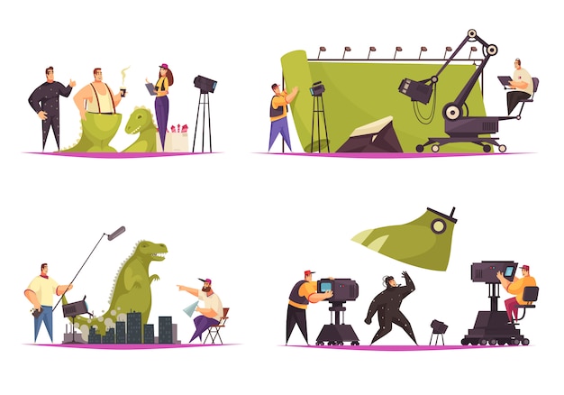 Free vector cinema movie film production concept 4 comic flat compositions with shooting actor in dinosaur costume