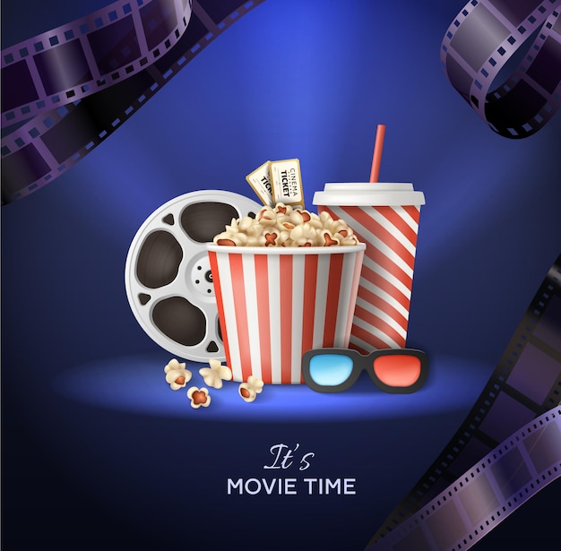 Free vector cinema realistic poster with illuminated bucket of popcorn drink 3d glasses reel tickets on blue background with tapes vector illustration