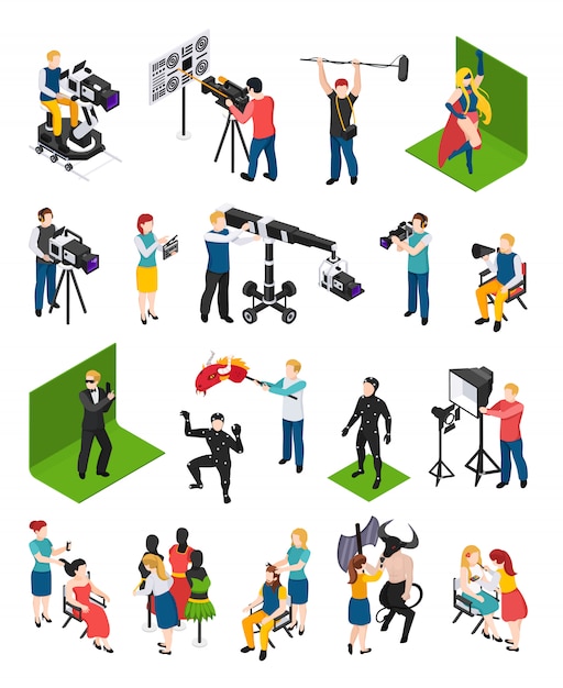 Free vector cinematography isometric people videographers with camcorders actors director illuminator dresser and decorator isolated