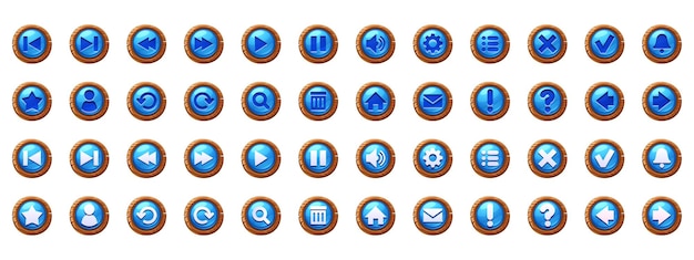 Circle blue buttons with wooden frame and icons