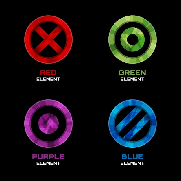Elementi di design del logo cerchio, croce e punto. blu e rosso, viola e verde. illustrazione vettoriale