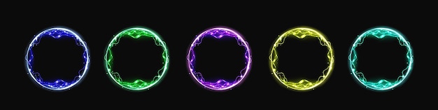 Circle electric energy lightning vector effect frame magic bolt ring border with spark neon plasma ball with abstract thunderbolt flash 3d fantasy flare round sphere shape with thunderstorm