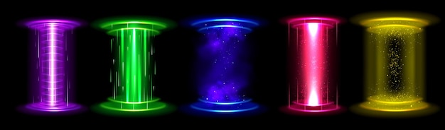 Free vector circle light effect magic game hologram portal neon energy orb beam podium for teleport with stardust 3d futuristic technology screen platform with glitter and shine for fantasy time travel