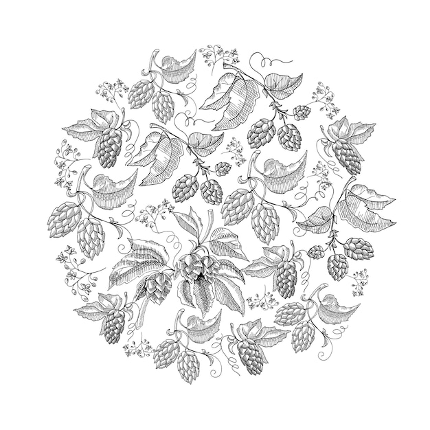 白い手描きのイラストに美しいベリーを繰り返すサークルパターンホップ葉状落書き