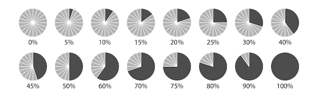 Circle percent diagram collections for infographics, 0, 5, 10, 15, 20, 25, 30, 35, 40, 45, 50, 55, 60, 65, 70, 75, 80, 85, 90, 95, 100. Vector illustration.