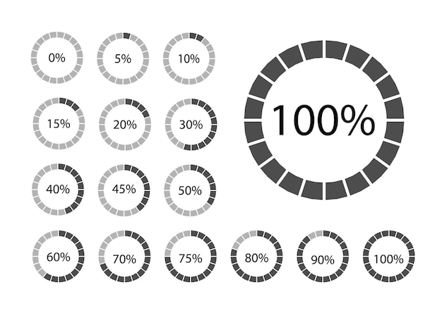 インフォグラフィック用に設定された円のパーセンテージ図。白地に分離された黒の細いアウトライングラフィック。円を5のパーセンテージで割った値。