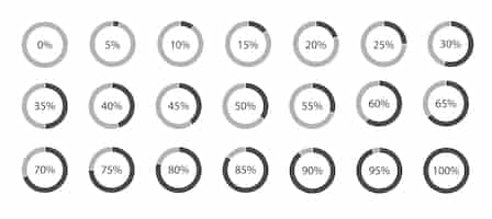 Vettore gratuito set di diagrammi percentuali del cerchio isolato su uno sfondo bianco. grafica nera sottile. elemento di design per infografica