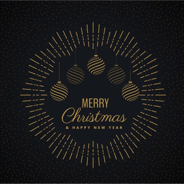 Free Vector circle with rays and christmas balls on a dark background