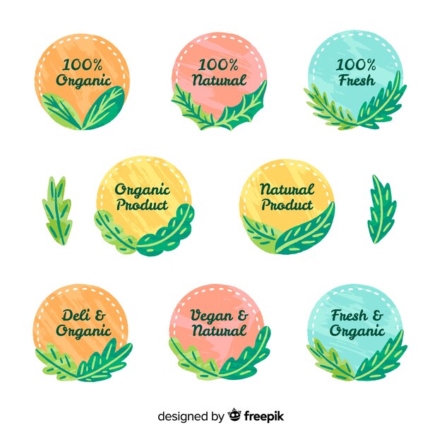 Circled organic food label with leaves pack