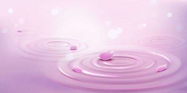 Circles on water and pink flower petals, waves background