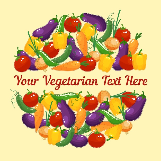 Circular design for a vegetarian greeting card with colorful vivid fresh vegetables