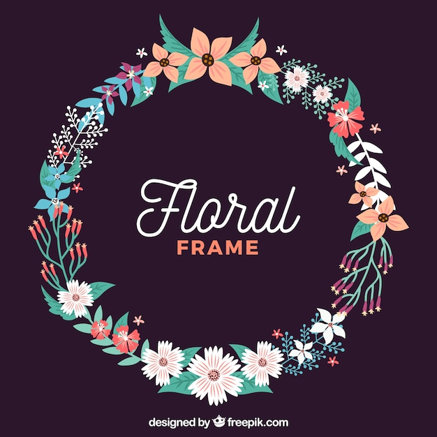 Circular floral frame with flat design