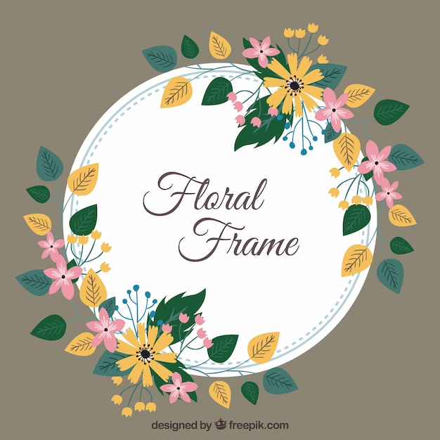 Circular floral frame with flat design