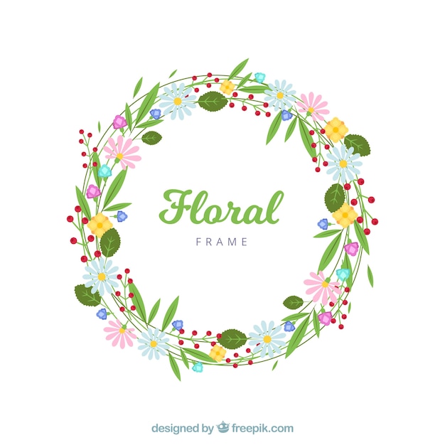 Circular floral frame with flat design