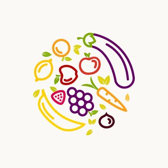 Circular fruits and vegetables line logo illustration