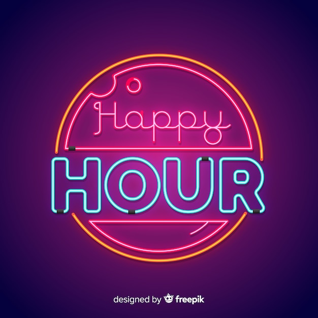 Vettore gratuito insegna al neon circolare di happy hour