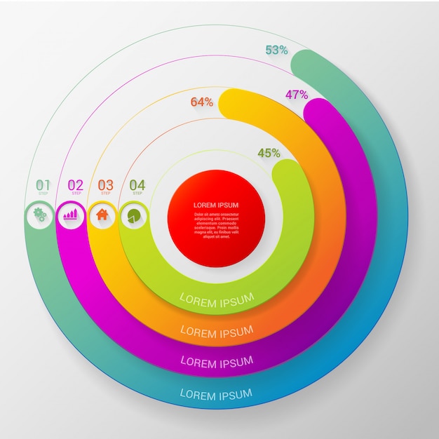 원형 여러 가지 빛깔의 백분율 선 4 단계 지표 infographics 벡터 템플릿.