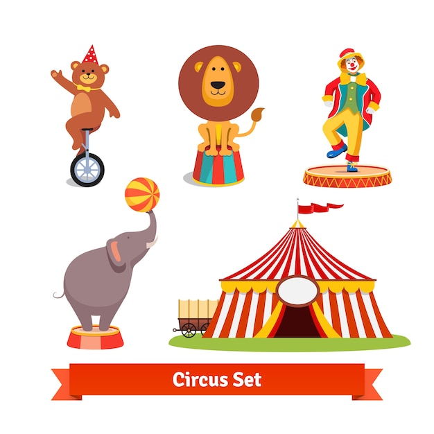 Животные цирка, медведь, лев, слон, клоун