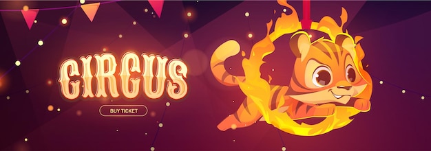 Circus banner with tiger jumping through fire ring