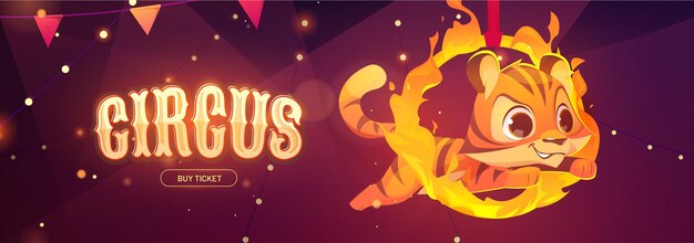 Circus banner with tiger jumping through fire ring