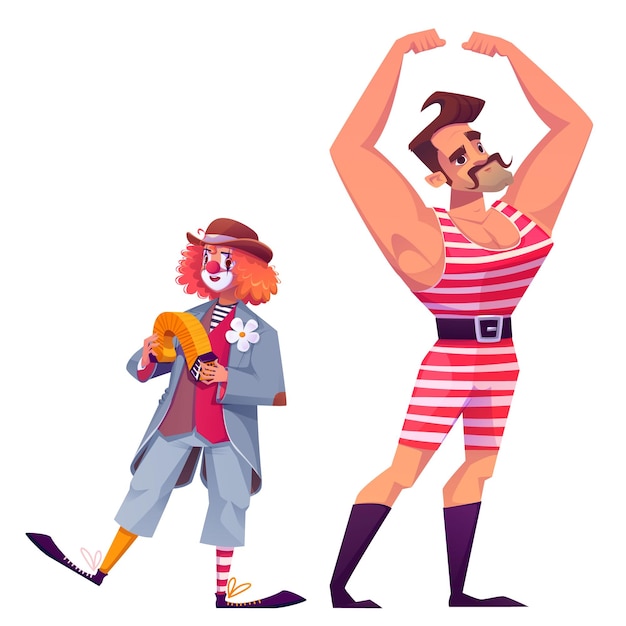 Free vector circus cartoon character vector carnival or theater artists performing funny show clown with painted face ruddy wig and red nose playing harmonica large strongman in striped costume with mustache