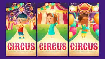 Free vector circus cartoon posters amusement park invitations