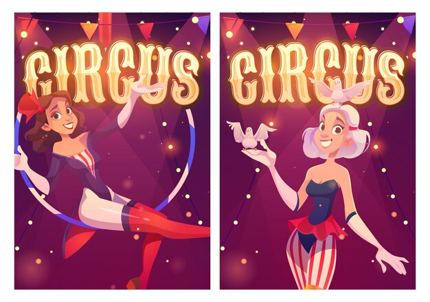 Free vector circus cartoon posters for magic show performance