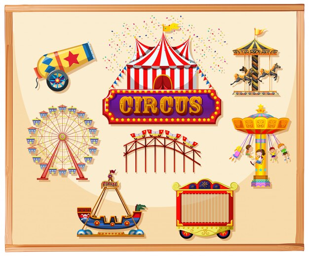 Элементы цирка для плаката, включая канон, клетку, игры и аттракционы