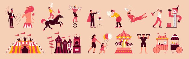 Circus funfair set with isolated icons of travelling circus big top and characters of visitors and performers vector illustration