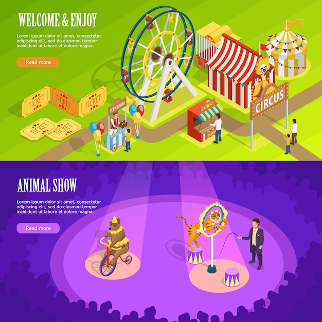 Free vector circus isometric horizontal banners webpage design