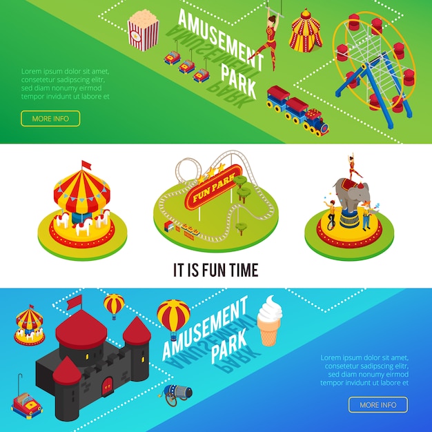 Circus isometric horizontal banners with elements of amusement park