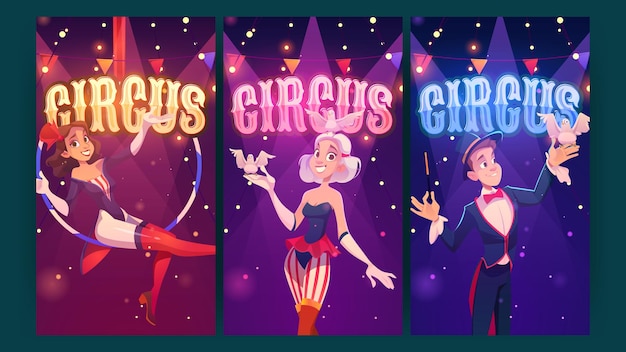 Circus magic show performance cartoon posters big top tent artists aerial gymnast girl magician conjurer and woman with doves perform carnival entertainment on marquee stage vector invitation flyers