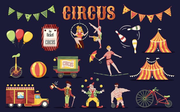 Цирковой ретро-винтажный набор изолированных каракулей в стиле изображений человеческих персонажей исполнителей и векторной иллюстрации профессионального оборудования