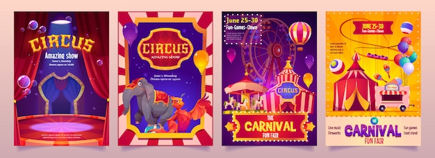 Circus show banners, big top tent carnival entertainment with elephant