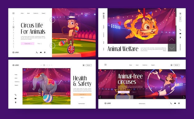 Circus show cartoon landing pages, big top artists