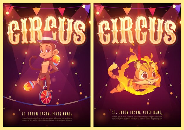 Free vector circus show cartoon posters with animals artists