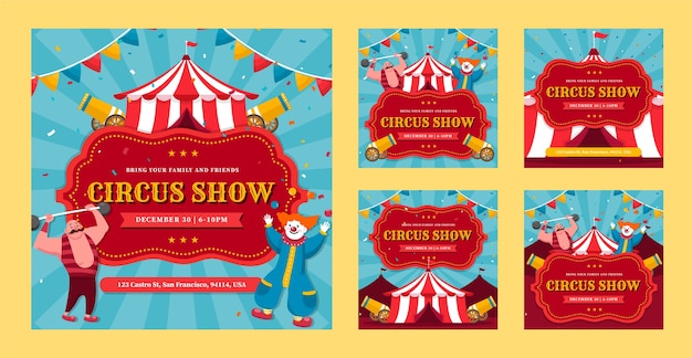 Бесплатное векторное изображение Коллекция постов в instagram циркового шоу