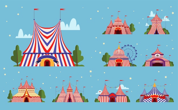 Circus tent. festival events or party park tent with stripe lines borders illustrations.