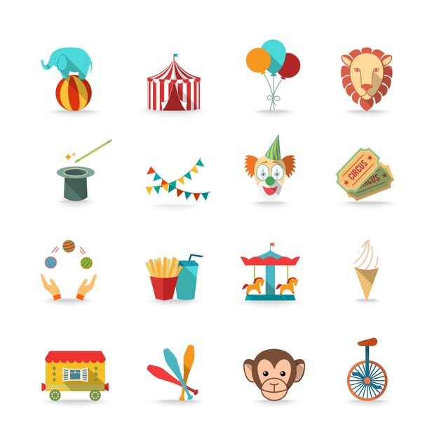 Circus tent with monkey and lion and clown magical wand triks icons set flat isolated 