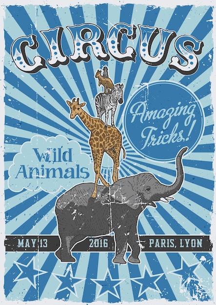 Poster vintage di circo con animali disegnati a mano come elefanti e canguri